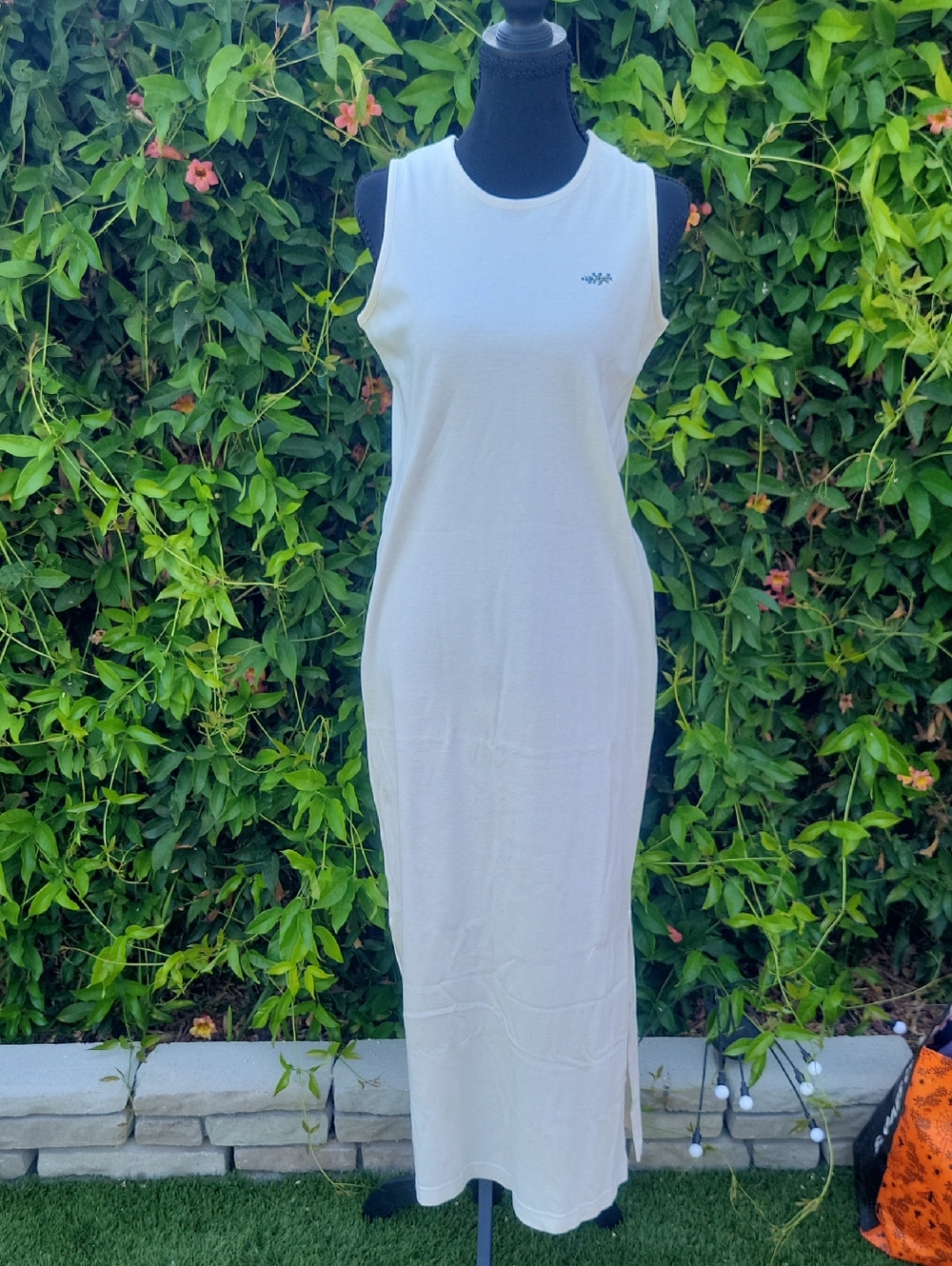 Laura Ashley Sand And White Pinstripe Maxi With Floral Embroidery M